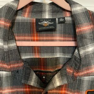 Harley Davidson button down shirt.